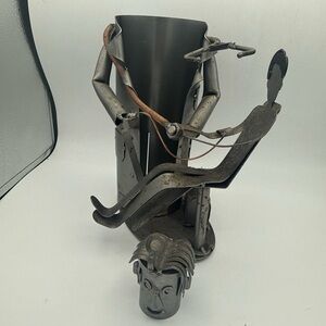 H & K Steel Sculpture Dentist Wine liquor Bottle Caddy Holder Metal Brutalist 9”